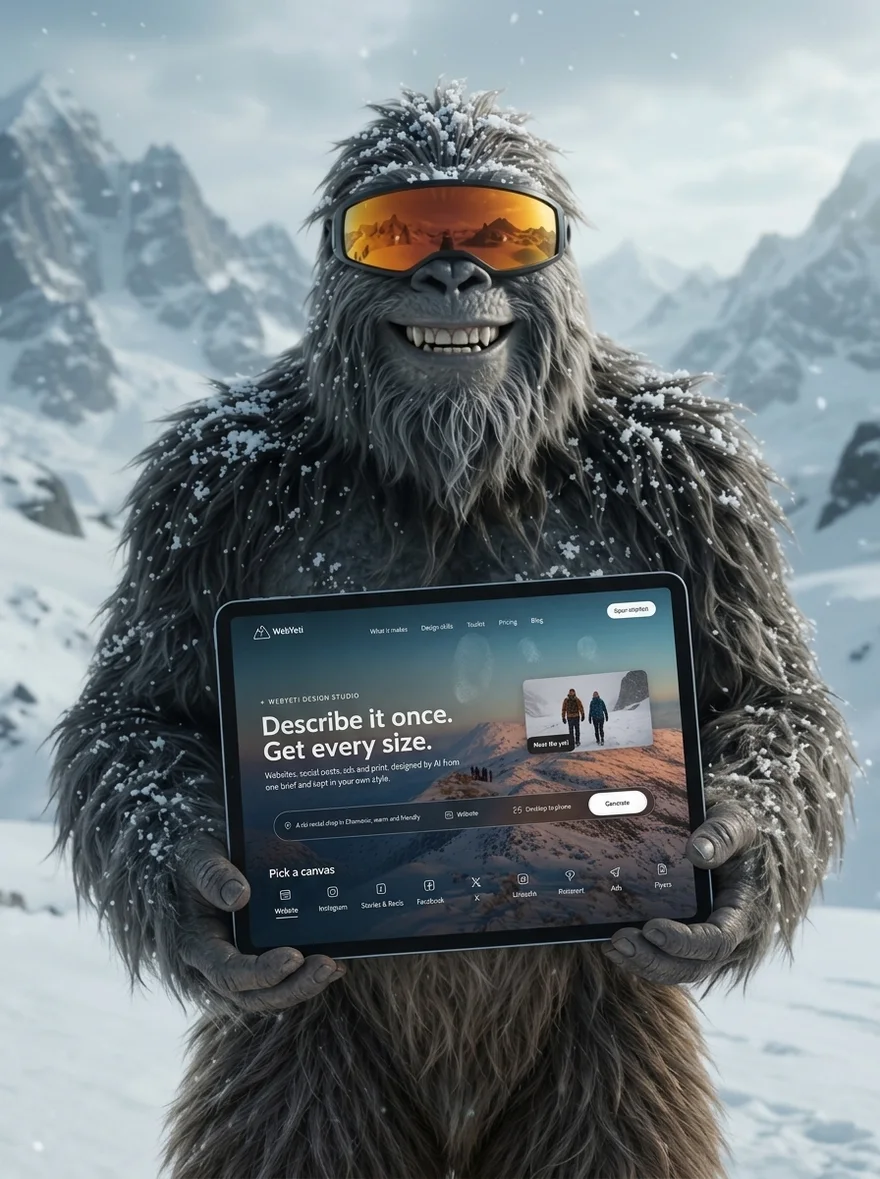 The WebYeti yeti in snowy mountains, holding a tablet that shows the WebYeti site